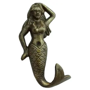 Hand Craft Mermaid Gietijzeren Jas & Muts Haken Hanger Messing Antieke [Cih 201]