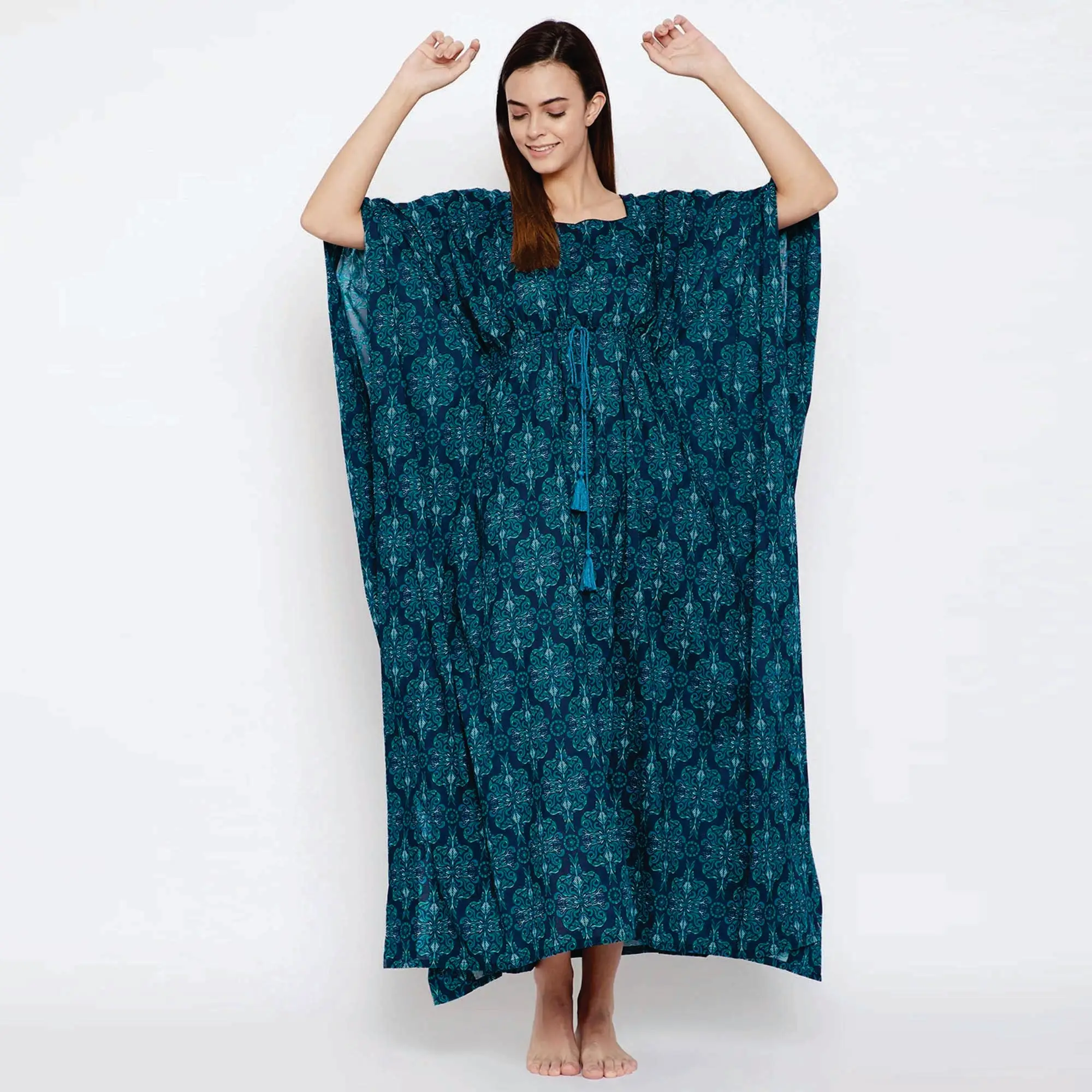 100% Cotton Comfort Fit Shaped Neckline with Piping Detail and Pockets Navy Blue Printed Kaftan