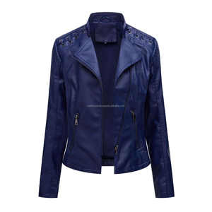Veste en cuir pour femme à fermeture éclair bleu foncé Moto Biker Style matelassé point élégant automne dentelle Accents poches zippées caractéristique respirante - Product Image 1