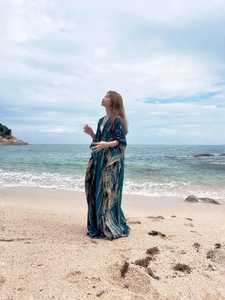 Achetez une robe kimono simple et naturelle en tissu viscose satiné longueur ras du sol, vêtement décontracté écologique pour femmes - Product Image 3