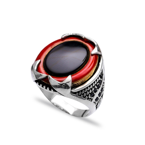 Anillo otomano de plata auténtica para hombre, piedra ovalada de ónix, diseño rojo, turco, hecho a mano, venta al por mayor - Product Image 1