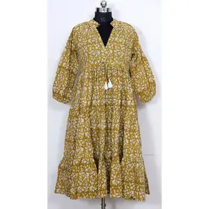 Women Beach Party Wear Ethnic Indian Tunic 100% Cotton Dress Yellow Floral Indian Cotton Hand Block Print Summer Dress