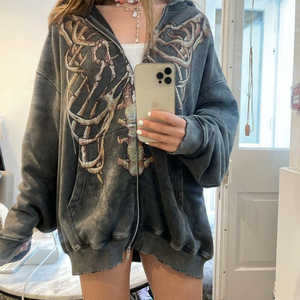 เสื้อมีฮู้ดแบบสวมหัวโอเวอร์ไซส์ผ้าคอตตอนเสื้อผ้าแนวสตรีทแวร์ผ้าฝ้าย100% พิมพ์ลายกระดูกสไตล์โกธิค - Product Image 2