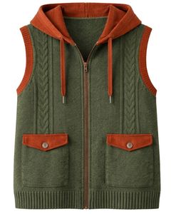 Gilet sans manches en tricot personnalisé pour homme, vert olive avec capuche, mélange de laine et d'acrylique, fermeture éclair intégrale, veste décontractée d'hiver - Product Image 1