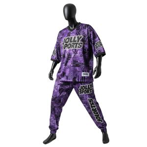 Conjunto de pantalón y camiseta de malla de poliéster premium de 180 GSM para hombre, color morado, con estampado por sublimación, logotipo personalizado, ropa deportiva. - Product Image 1