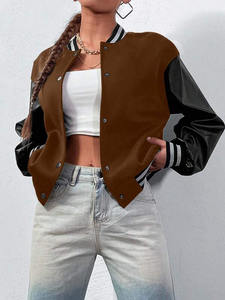 Brown Contrast <b>Leather</b> Sleeve College Baseball Women's Jackets Regular Fit Wool Blend Varsity Bomber Streetwear OEM Service - Product Image 2