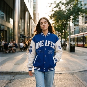 Custom Women's Blue Varsity <b>Jacket</b> Wool Body <b>Leather</b> Sleeves Chenille Embroidery Letterman Baseball <b>Jacket</b> OEM ODM - Product Image 5