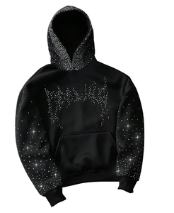 Unisex High Quality Custom Embroidered Trendy Bling <b>Black</b> Rhinestone Winter Fleece Full <b>Zip</b> Eco-Friendly Thermal <b>Hoodie</b> 100% - Product Image 6