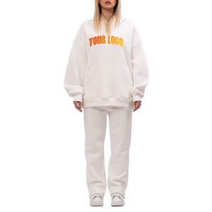 Sudadera con capucha y logotipo personalizado para mujer, conjunto de chándal de gran tamaño con hombros caídos, conjunto de 2 piezas, ropa de calle, chándales blancos holgados - Product Image 1