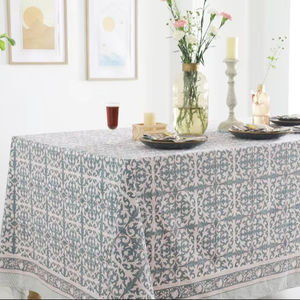 Nappe imprimée moderne en blocs bleu poussiéreux idéale pour les repas Décoration rustique de fête de mariage et d'événement Linge de cuisine Boho - Product Image 1