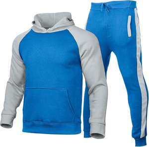 Men's Blue Gray Color Blocking Hoodie Sweatpants <b>Set</b> Casual Fleece Tracksuit Autumn Wear - Product Image 1