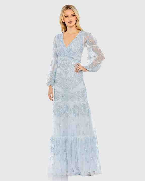 sky blue beaded long  drees for the  v - neck Custom Casual Chiffon Sexy Party Skinny Long-Sleeved Dress Short Skirts Women