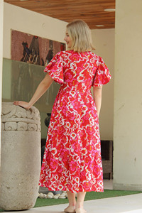 Vestido de Mujer de Algodón 100% Suave, Cuello en V, Estampado Floral Hecho a Mano, Ecológico, Lavable, de Manga Corta, Hasta la Rodilla, para Exteriores - Product Image 4