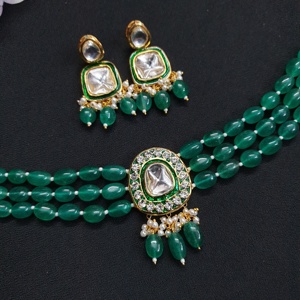 Elegante verde sin cortar Kundan Polki gargantilla conjunto con pendientes y collar hecho a mano Material fino conjunto de joyería de moda para mujer - Product Image 3