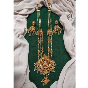 Traditional Temple Jewelry Double Layer With Gold Plated <b>Long</b> Necklace Set With <b>Earrings</b> <b>for</b> Wedding Festival Wear <b>For</b> <b>Women</b> - Product Image 1