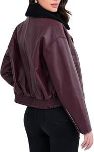 Chaqueta de cuero para mujer, chaqueta bomber de piel de cordero, cuello de Sherpa extraíble, cremallera frontal - Product Image 3