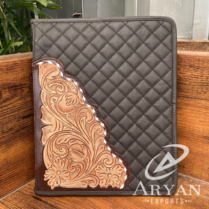 <b>A4</b> Size Custom Hand Tooled Leather Interview Resume Padfolio Zipper <b>Ring</b> <b>Binders</b> Genuine Leather Quilted Presentations Folders - Product Image 1