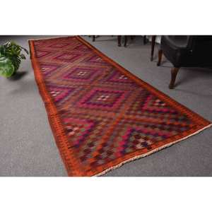 Alfombra turca Kilim de 3,8x12,2 pies rojo naranja tejido plano yute respaldo de látex área grande patrón de retazos para adolescentes para pasillo - Product Image 1