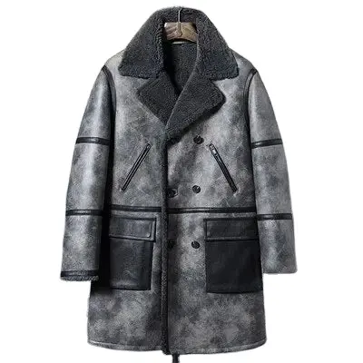 Aankoop Van De Beste Hoge Kwaliteit Stijl Winter Mens Double Breasted Grey Waxed Lederen Schapenvacht Shearling Lange Jas Leren Jassen