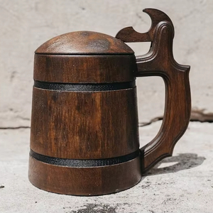 Artisan <b>Carved</b> <b>Wooden</b> Beer Mug Sustainable Eco Friendly Rustic Drinking Cup Coffee Tea <b>Animal</b> Themed Unique Design Metal Accents - Product Image 1