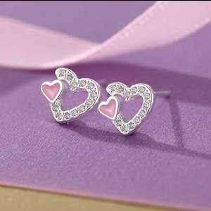 Pendientes de Plata de Ley 925 con Doble Corazón y Circonitas Cúbicas, Joyería Diaria Dulce - Product Image 1