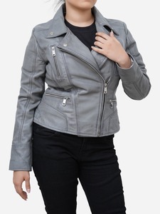 Chaqueta de piel auténtica original para mujer, chaqueta clásica de piel de cordero a la moda, chaqueta de moto de piel de oveja auténtica gris - Product Image 3