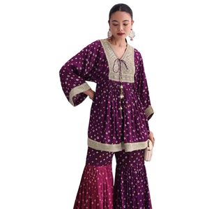 Púrpura Georgette seda Bandhani estampado niñas Salwar Kameez conjunto Zari fronteras Dupatta para fiesta festiva boda indio paquistaní - Product Image 4