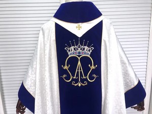 Casulla Católica Bordada en Jacquard Marian, Color Blanco y Azul, Gran Oferta, 2025, Hecha a Medida, Alta Calidad, Nuevo Diseño - Product Image 4
