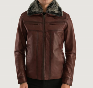 Chaqueta de Cuero Genuino Marrón para Hombre con Cuello de Piel, Cierre de Cremallera, Estilo Motociclista, Resistente al Viento, para Invierno - Product Image 1