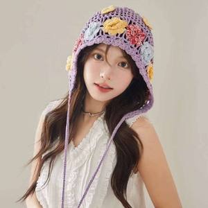Handmade Cotton Character Hollow Flower Common Knitted <b>Hat</b> Unisex Adult <b>Purple</b> Pullover Face-Slimming Atmosphere Casual 56-58cm - Product Image 2