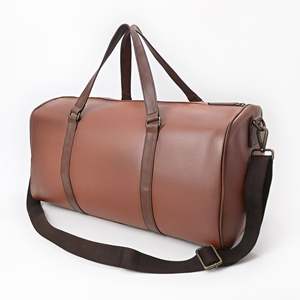 Bolsa de lona de barril de cuero genuino de coñac, bolsa de gimnasio de viaje de fin de semana informal de lujo con forro de poliéster para uso al aire libre - Product Image 1