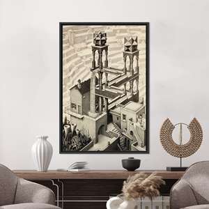 M.C. Arte de pared en lienzo impreso con ilusión óptica inspirada en Escher, con marco negro - Product Image 1