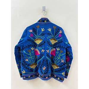 Autumn Winter Cobalt Blue Suzani-Embroidered Velvet <b>Mandarin</b> <b>Collar</b> <b>Jacket</b> Ladies Quilted Handcrafted Jaipur Garden Samarkand - Product Image 4