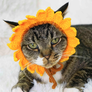 Gorro de ganchillo para gato con orificios para las orejas, disfraz de girasol hecho a mano para cumpleaños de mascotas, sombrero de cosplay con cordón - Product Image 6
