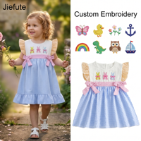 Robe brodée Jiefute en gros pour filles, motif bleu vichy, manches évasées, robe de boutique pour tout-petits, tenue quotidienne, imprimé animal, choisissez votre modèle