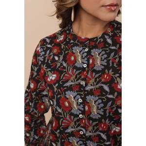 Ulfat Noorjehan <b>Women's</b> Loose Fit <b>Black</b> Printed Linen-Cotton Casual Top - Product Image 2
