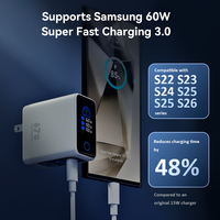 Chargeur intelligent 65W PD avec affichage LED de la puissance, 2 USB-C, 1 USB-A, chargeur rapide GaN avec distribution intelligente de la puissance