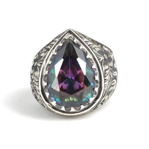 Men's 925 <b>Sterling</b> <b>Silver</b> Drop-Shaped Mystic Topaz Stone Pen-Style <b>Ring</b>-Bezel <b>Set</b> Pear & Princess Cut - Product Image 3