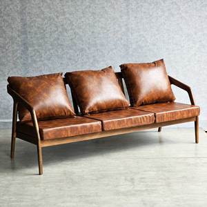 Three-Seat Midcentury Modern Upholstered Square <b>Sofa</b> Set with Ash <b>Wood</b> <b>Frame</b> and Faux Leather Cushions SFB68067 - Product Image 2