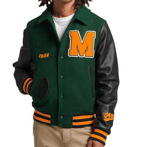 Chaqueta universitaria de béisbol Letterman de diseño personalizado para hombre con cuello levantado, parche personalizado de cuero negro a prueba de viento y transpirable - Product Image 2