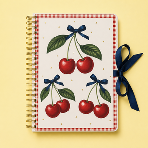Quaderno Personalizzato LABON in Ciliegio con Bordo <span class=keywords><strong>a</strong></span> <span class=keywords><strong>Quadretti</strong></span> Crema, Punti Rossi e Dorati, Fiocco in Nastro Grosgrain Blu Navy, Spirale <span class=keywords><strong>a</strong></span> Doppio Filo Dorato, Pagine Bianche - Product Image 2