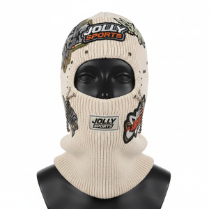 Pasamontañas de punto acanalado acrílico premium de 320 GSM, cubierta facial suave para invierno, beige, con logotipo de parche tejido personalizado para mujer. - Product Image 6