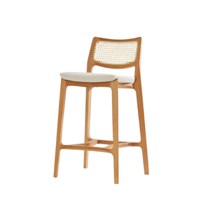 Modern Solid Teak Dining Bar Stool with Handwoven Backrest and <b>Upholstered</b> Seat for Home and Restaurant Use - Product Image 6