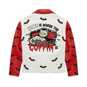Chaqueta de Cuero Roja y Blanca Personalizada para Hombre, Estilo Motero, con Parche Bordado de Gato Vampiro y Murciélago, Ropa Urbana, Chaqueta de Moto, Venta al Por Mayor - Product Image 1