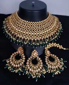 Nuevo diseño de lujo chapado en oro tradicional Motipearl & Drop Kundan tachonado gargantilla collar pendiente Mangtika conjunto y conjunto de joyería - Product Image 1