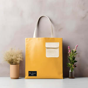 Mustard Pocket Cotton <b>Canvas</b> Tote Bag with Zipper Closure Shoulder Handle Yellow Unique Pattern Top Selling Promotional Bags - Product Image 3