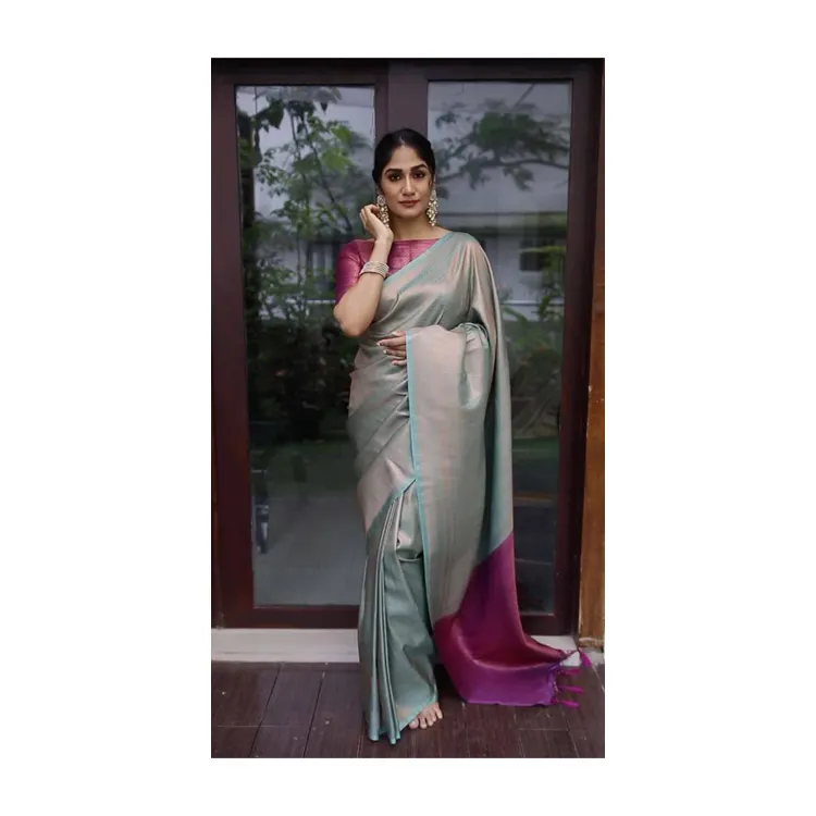 럭셔리 웨딩 파티 착용 패션 디자이너 순수 Banarasi 실버 Zari 직조 부드러운 실크 Saree 인도 제조 업체