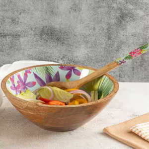 Cuenco de madera de mango con exterior blanco con estampado floral de tulipán colorido, incluye cucharas para servir a juego, al por mayor - Product Image 3