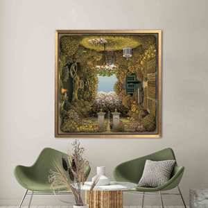 Art mural Illusion de jardin surréaliste, toile imprimée fantaisiste, encadrée de doré - Product Image 1