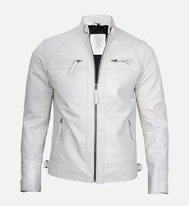 Chaqueta de motorista informal de invierno con cuello levantado para hombre en piel de cordero auténtica blanca con cierre de cremallera Tipo de suministro ODM - Product Image 1